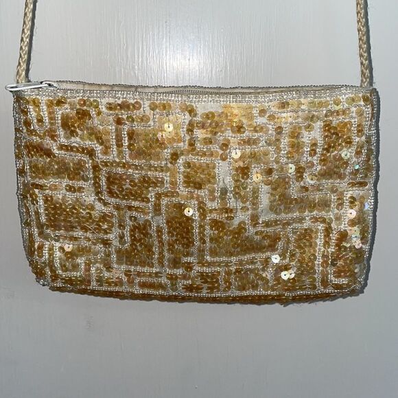 Gold sequined & beaded small cloth crossbody purse - Picture 2 of 10